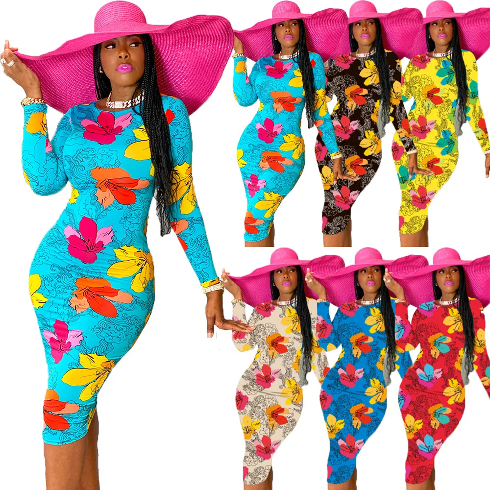 

AA0387 New Arrivel Maxi 6 Colors Pencil Flower Floral Print Bodycon Dress Women