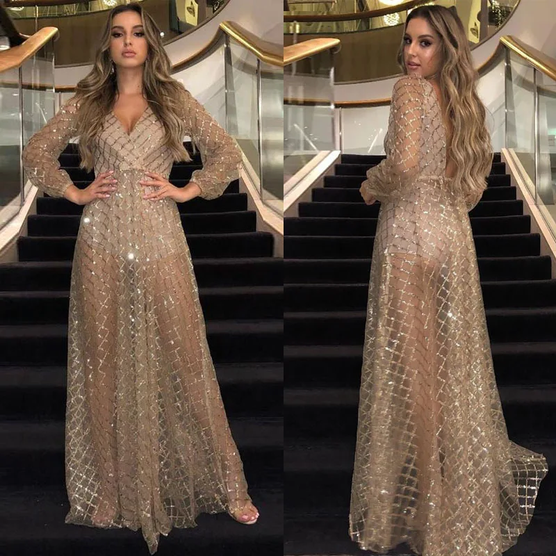 

See Through Floor Length Dress V-neck Backless Sequin Transparent Party Dress Women Long Evening Dresses