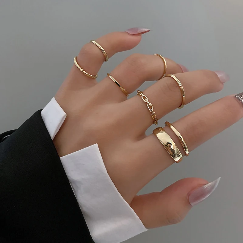 

RisingMoon Copper Silver Gold Colors 7pcs Ring Set Hollow Round Opening Women Finger Gold Plated Ring, Gold silver