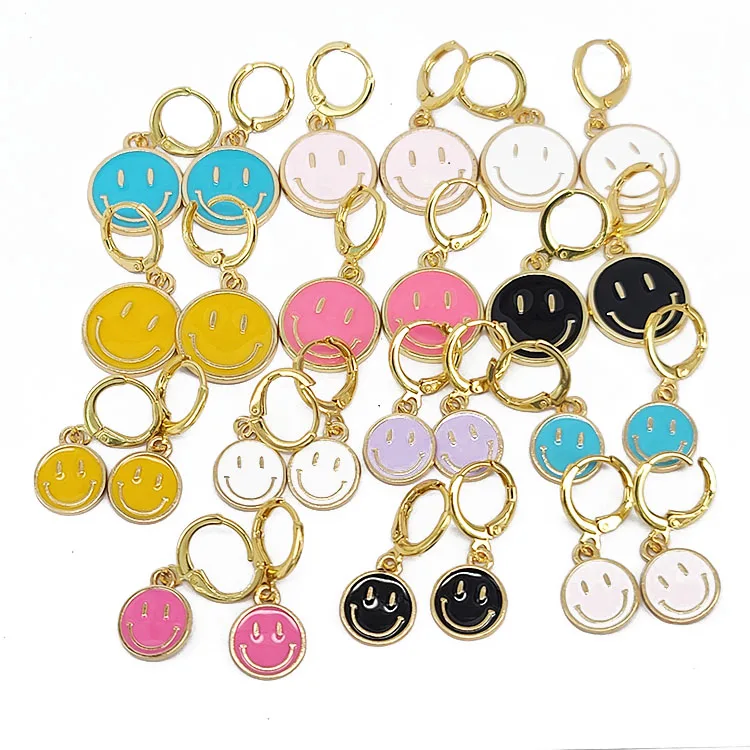

EM1270 Fashion Colorful Smiley Huggies Rainbow Enamel Pastel Gold Plated Smiley Happy Face Huggie Earrings