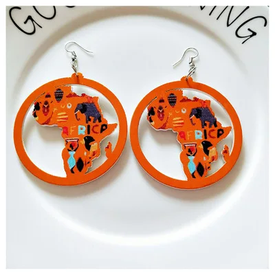 

Fashion Design Customized Painted Africa Map Wooden Hoop Earrings Colorful Hollow Out Round African Earring For Girls
