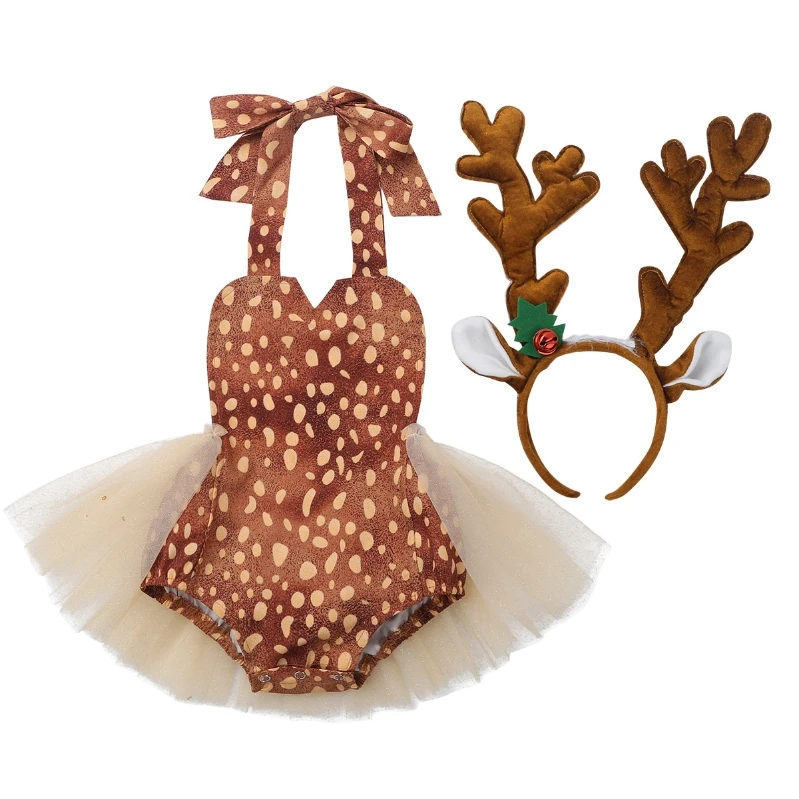 

iEFiEL Infant Baby Girls Elk Costume Sleeveless Halter Neck Romper Dress Headband Set Outfit Cosplay Kids