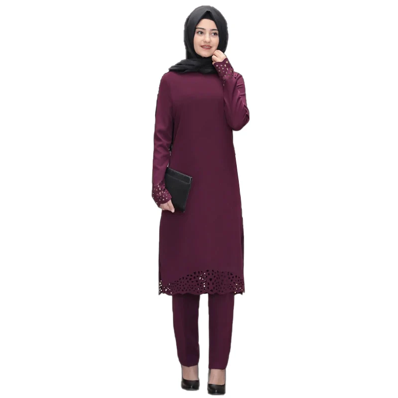 

New Stylish Middle East Islamic Clothing Muslim Women Long Sleeve Tunic Pants 2 Piece Suit