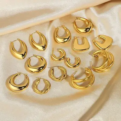 

NINE'S Punk Jewelry Small Large Round Gold Plated Stainless Steel Circle Gold Hoop Earrings Statement Chubby Huggies Earrings