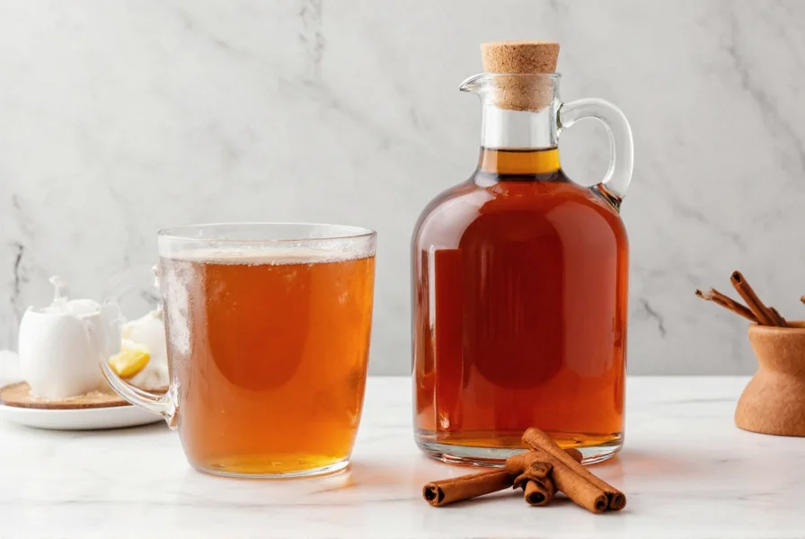 Bottle of cinnamon liquor next to cinnamon sticks and cocktail ingredients