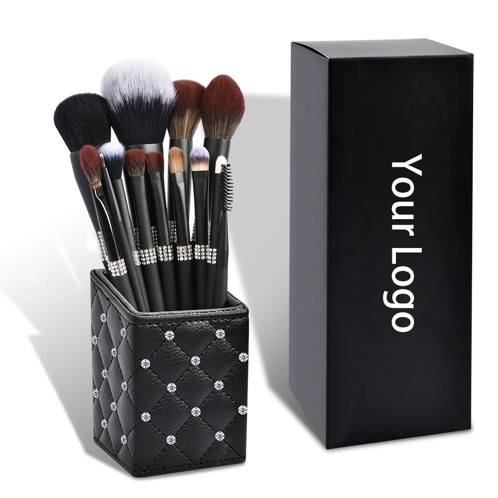 

BUEART luxury bling matte black private label glitter sparkly makeup brushes set holder with diamond custom logo package box
