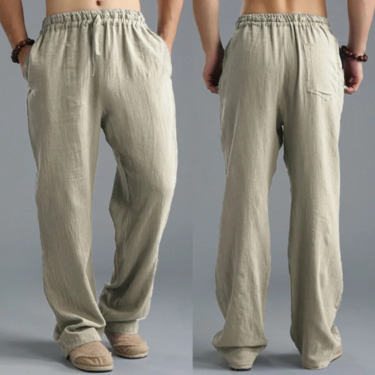

Coldker Hot Men Cotton Linen Trousers Solid Color Elastic Waist Loose Long Trousers Men's Hip-hop Breathable Casual Pants