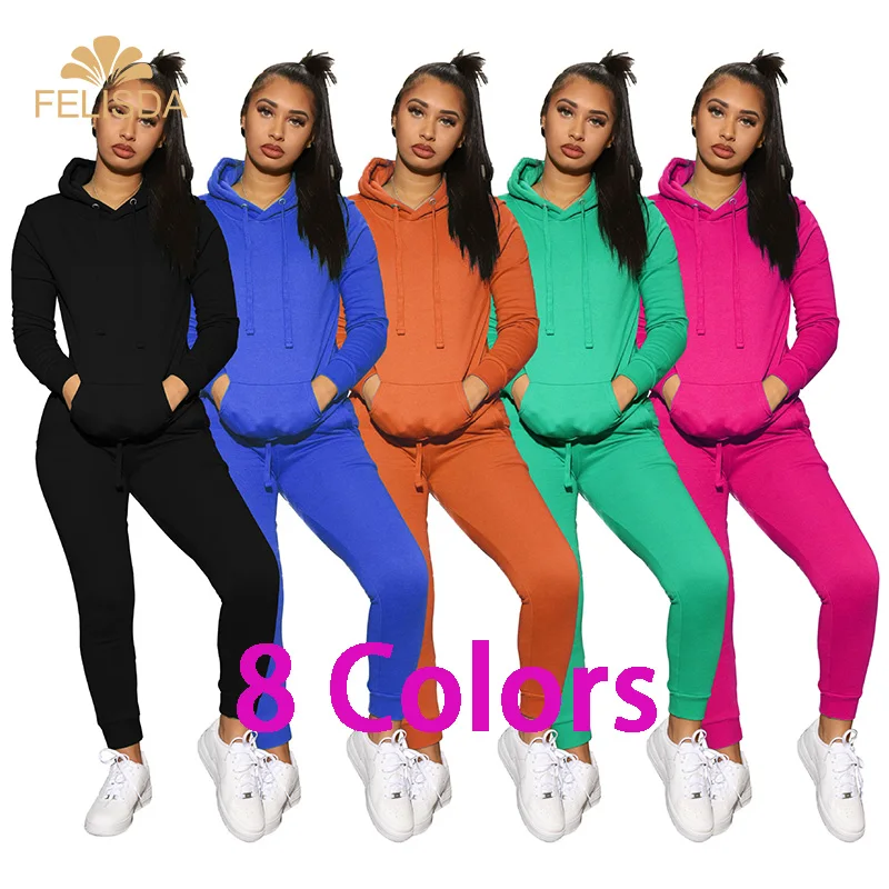 

Custom Solid Color 2 Piece Hoodie Set Women's Outfits Fall Winter Thick Tops And Pants Two Piece Jogger Set 2020