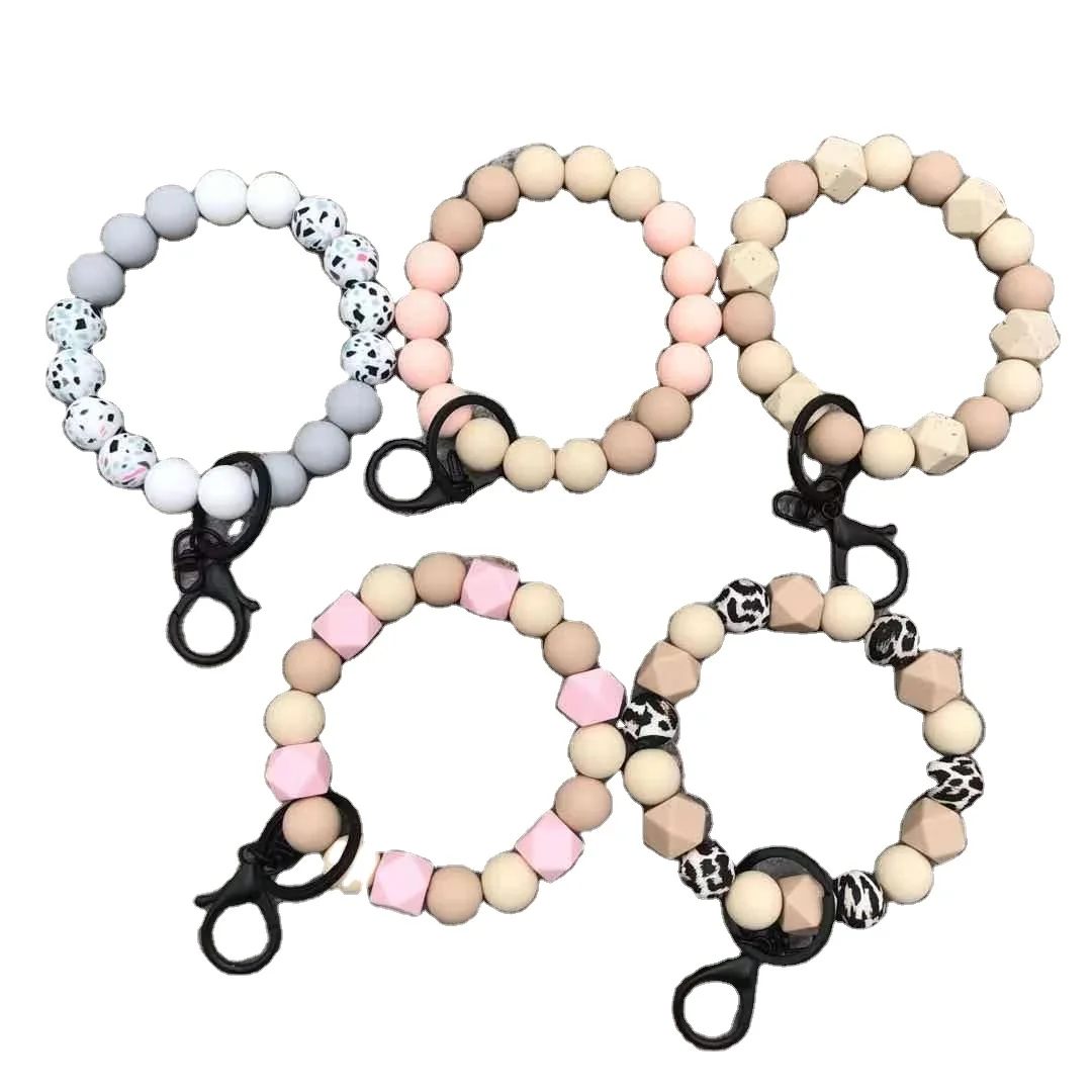 

Silicone wristband key ring, bracelet beaded non-slip leopard print wristband beaded accessories, As photos