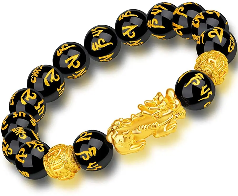 

12mm Black Hand Bead Bracelet with Golden Lucky Wealthy Amulet Bracelet