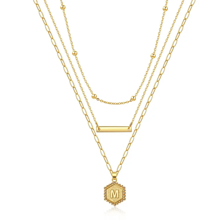 

14k Gold Plated Paperclip Chain Necklace Simple Hexagon 26 Letter Pendant Dainty 3 Layered Initial Choker Necklace