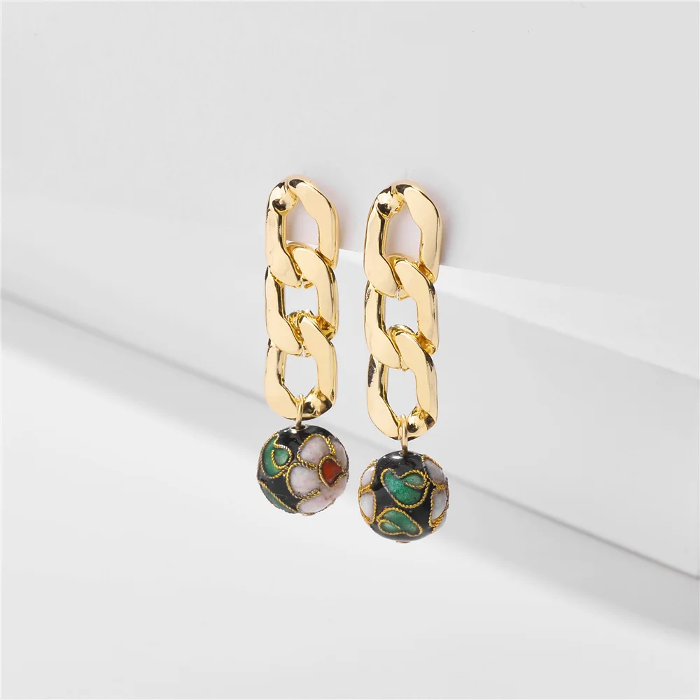 

Exaggerate Gold Plated Thick Cuban Link Chain Drop Earrings Retro Enamel Ball Pendant Earring For Girls