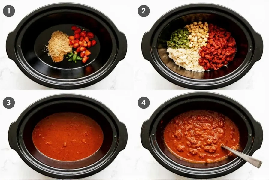 Step-by-step preparation of easy crockpot chili recipe showing ingredients in slow cooker