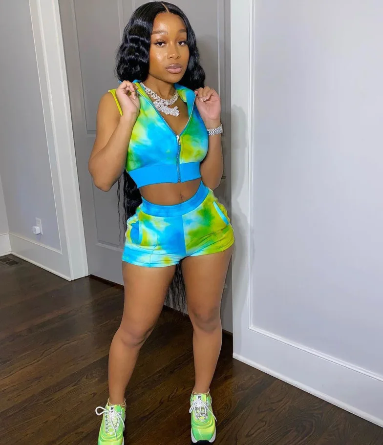 

S-XXL 2021 Summer sportswear print tie dyed cardigan women's two piece set