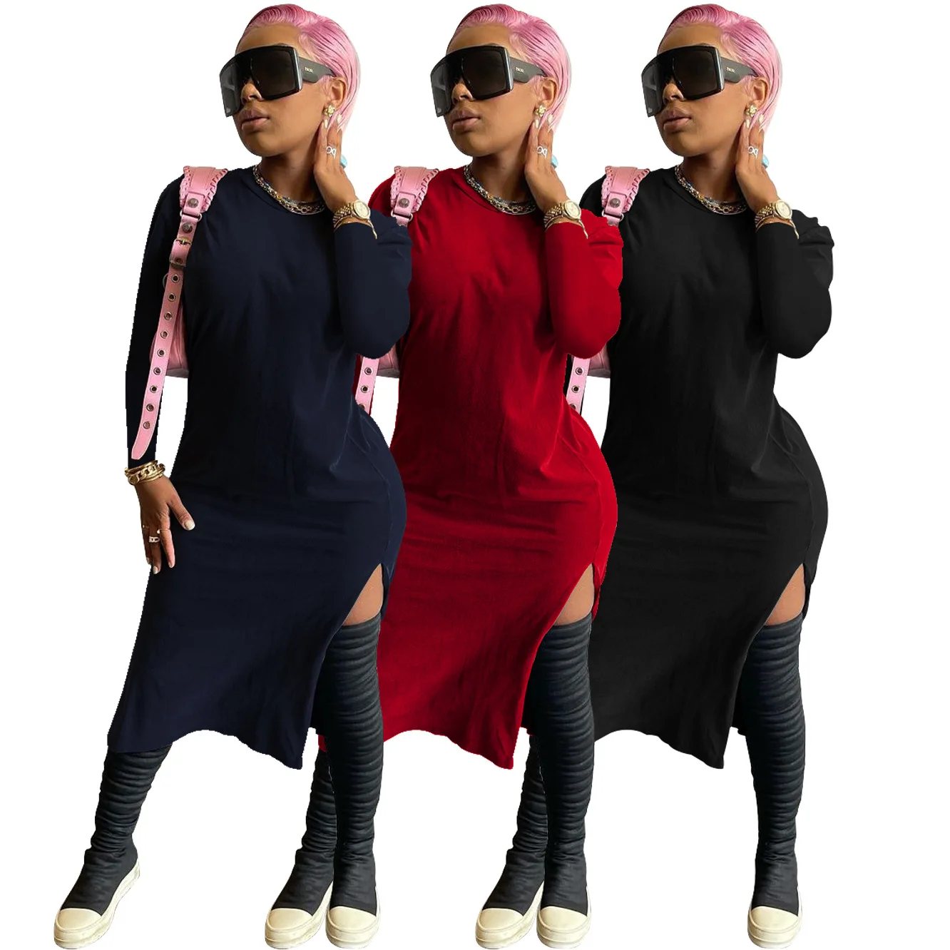

2021 new arrivals fall autumn custom logo solid long sleeve evening party elegant cheap casual dresses women clothes clothing