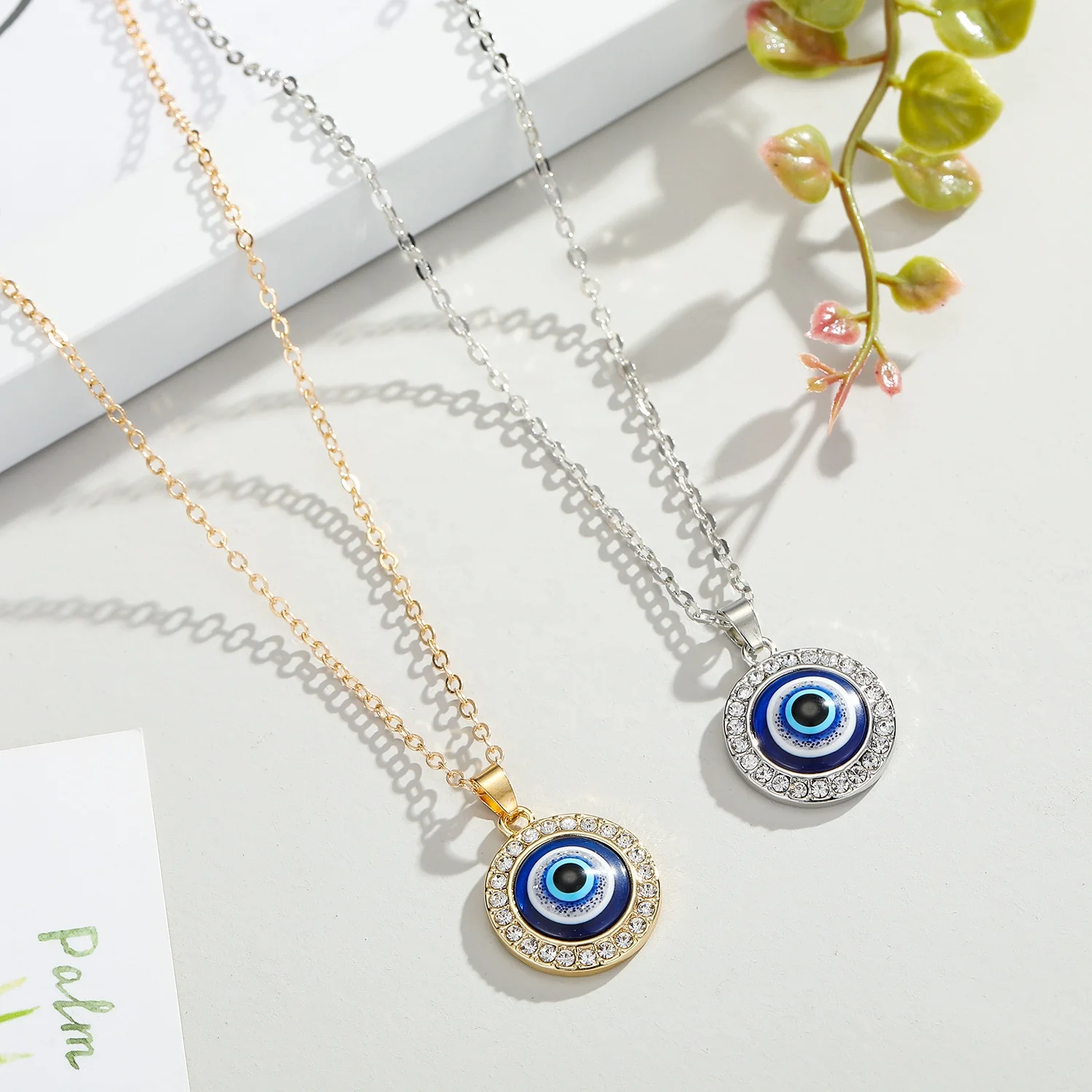 

blue eye pendant necklace New design Vintage Ethnic Round shape silver gold plated Hip-hop Fashion sweater long chain jewelry, As shown