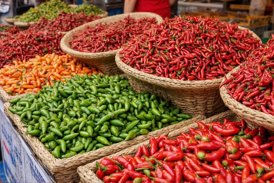 Mexican market scene showing vendor selling fresh and dried chile peppers in woven baskets