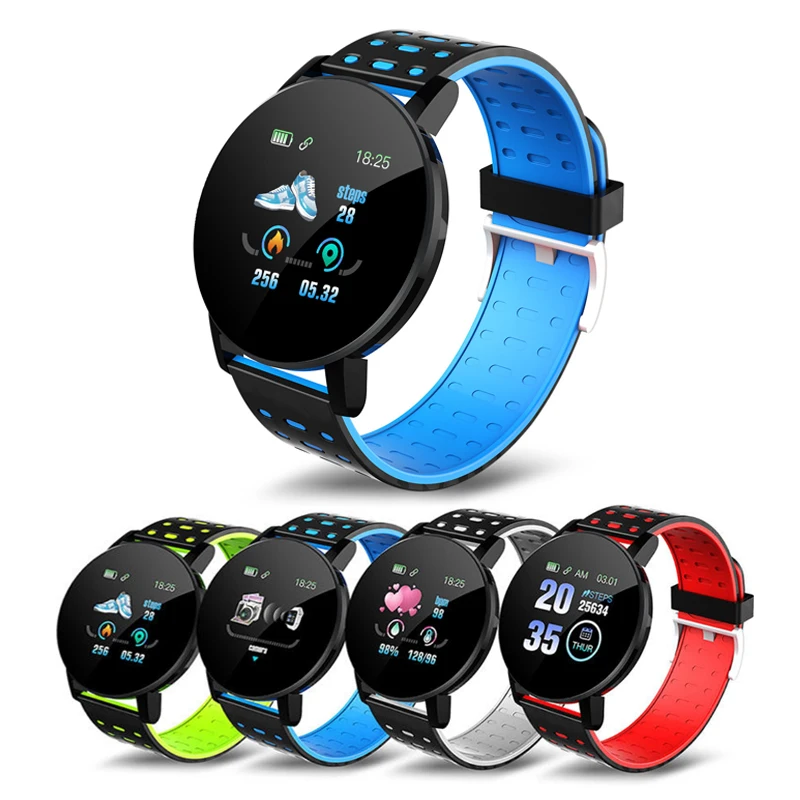 

Multiple Sport Mode Smart Fitness Tracker Watch Round Shape 119 Plus Smart Watch With Heart Rate Monitoring, Black red blue purple green
