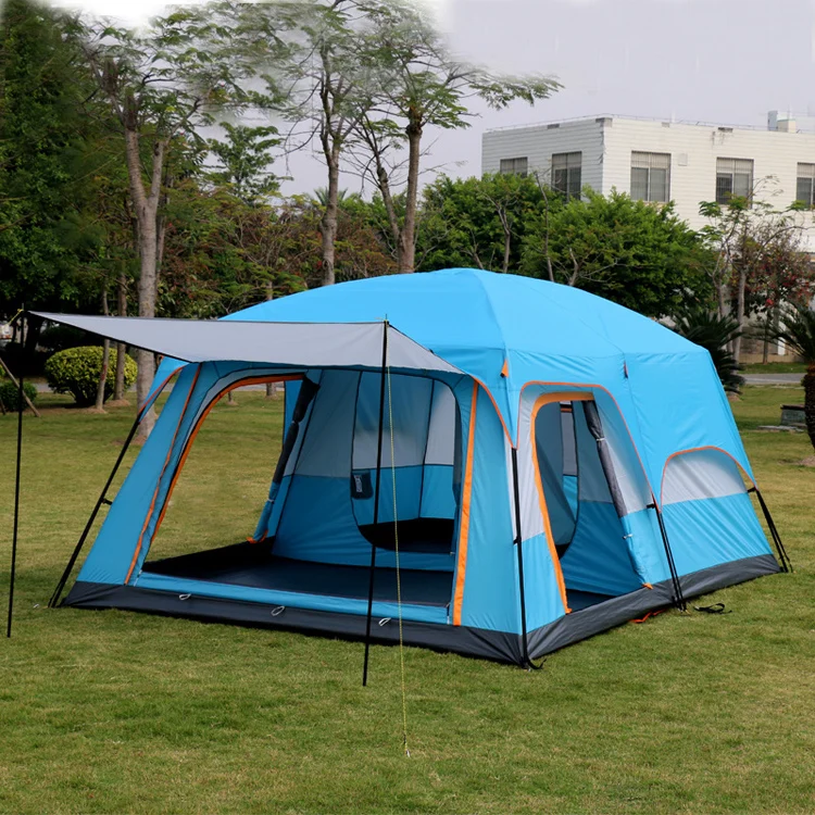 

More than 8 person Super-Large Two Bed Rooms With One Living Room Tent Family Waterproof Outdoor Luxury Camping Tent, Dark green/sky blue/orange