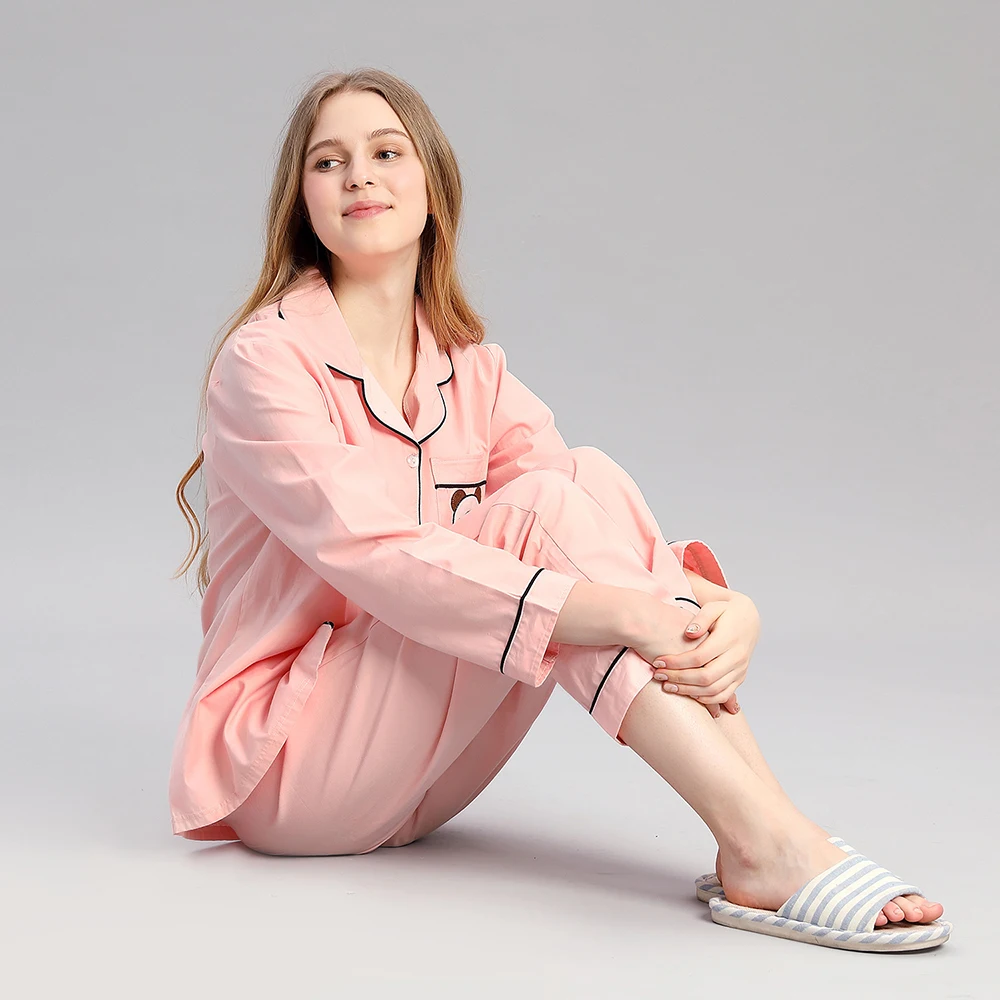 

100% cotton long sleeve pink lounge night wear pyjamas big size sleepwear 4x pijamas pjs nighties embroidered women pajama set