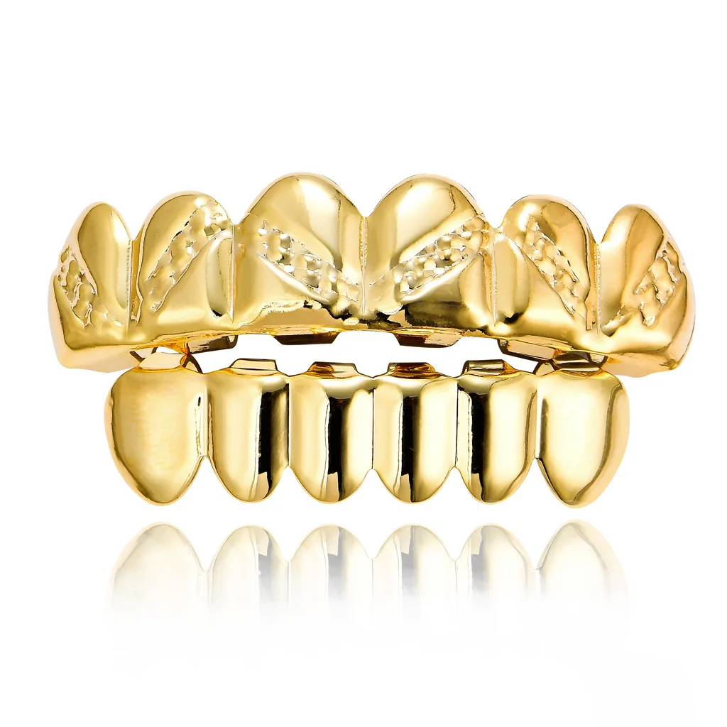 

Hip Hops Fashion Real Gold Plated Twill Teeth Grillz Top Bottom Vampire Fang Teeth Grillz Set For Party