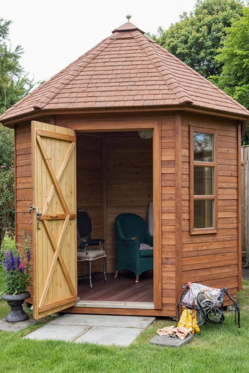 Minimalist home office inside a garden shed with desk, monitor stand, and greenery.