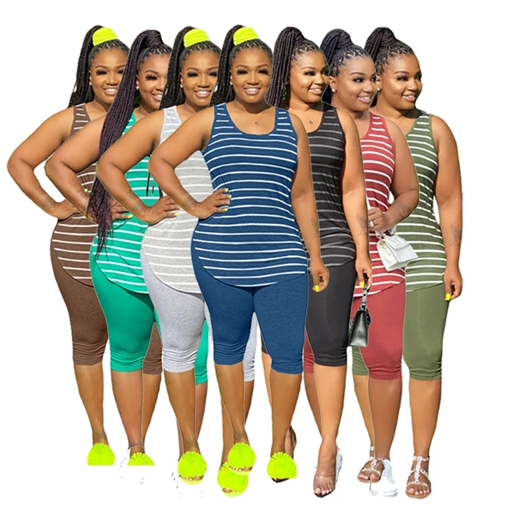 

Summer 2021 Stripes Sleeveless Tshirt Top Plus Size Women Clothing Knee Pants Two Piece Short Pant Sets