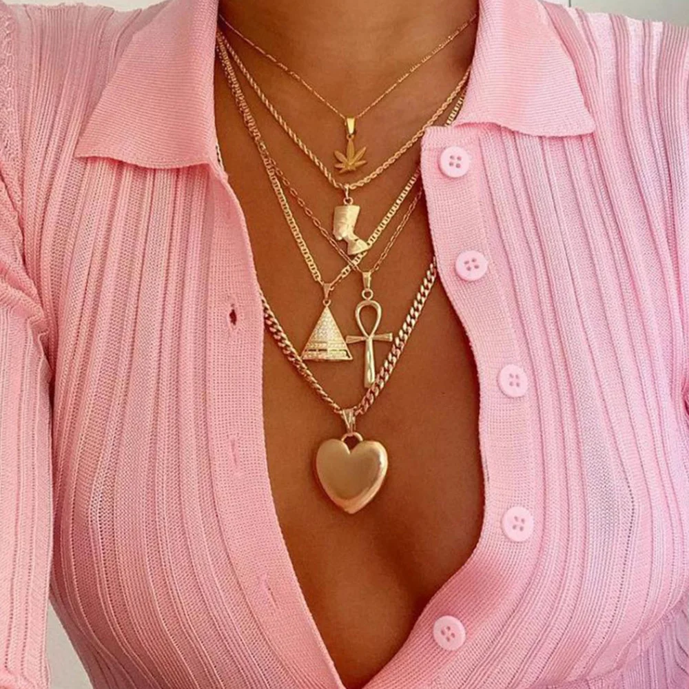 

Heart Enamel Never Fade Jewelry Non Tarnish Lady Set Pyramid Cross Pendant Multilayer Necklace, As pictures