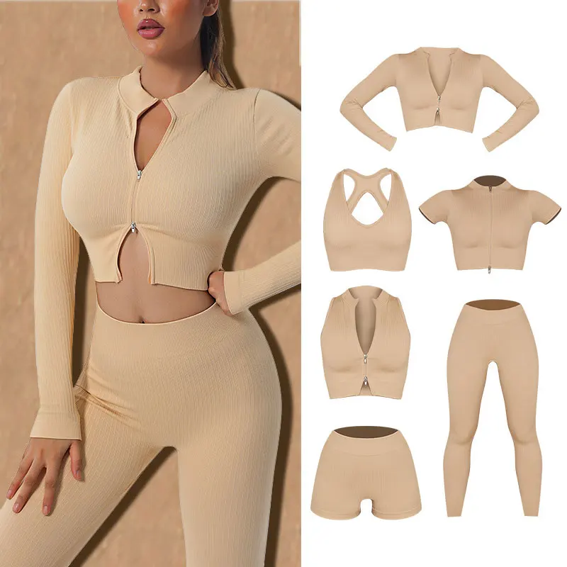 

Wholesale 2023 Women 6 Piece Ribbed Yoga Set Zipper Custom Logo Activewear Jogger Seamless Sportswear Fitness Gym Clothing