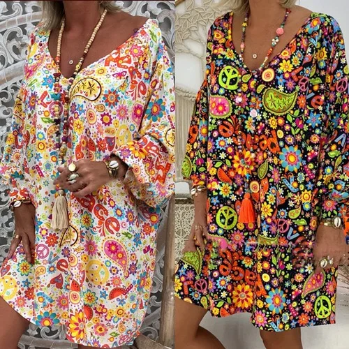 

Wholesale New Summer Tropical Fruit Custom Print Women Loose Halter Casual V Neck Long Sleeved Dress T-Shirts Plus Size S-5XL
