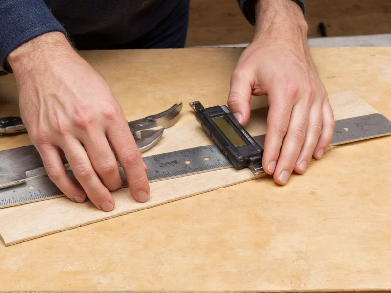 Steel ruler and digital calipers on woodworking bench