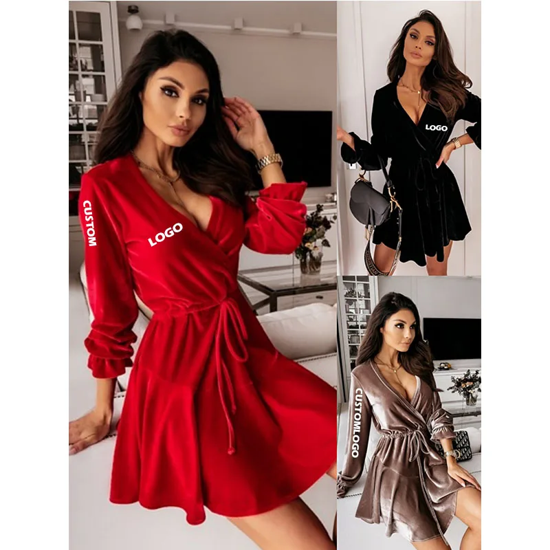 

Free shipping Oriental fashion custom sexy adult nightdress casual V-neck long sleeve girl velvet pajama dress