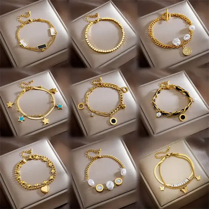 

Fashion Stainless Steel Double Star Butterfly Pendant Bracelet Vintage Pearl Heart Shaped Gold Bracelet For Women Jewelry