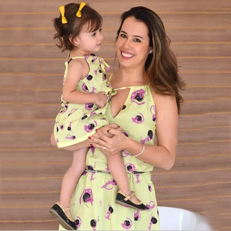 

SADI sleeveless sling girl skirt family mom and me long women print off shoulder dress