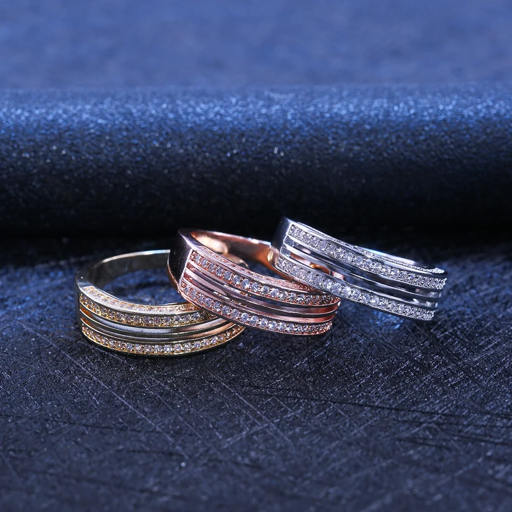 

Hot Sale Plated Gold Color Multiple Rows of Zircon Rings European Fashion Micro-inlaid Engagement for Men Women Party Jewelry