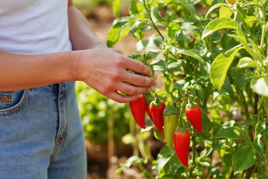 Home gardener harvesting ripe garden salsa peppers from a thriving container garden on a sunny patio