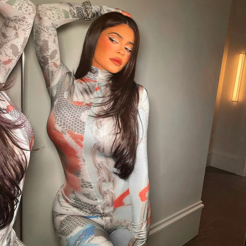 

Dropshipping Women Stitching Tie Dye Printed Long Sleeved Tight Fitting Trousers Jumpsuit