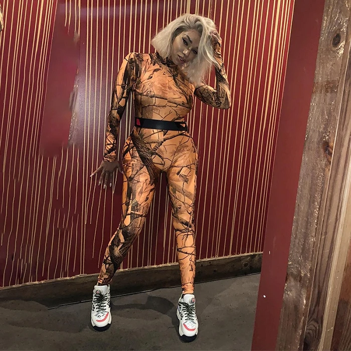 

Wholesale ladies casual one piece Wood dyed print slim club jumpsuits women 2021