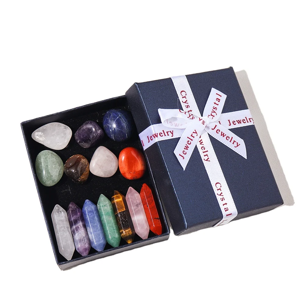 Wholesale Natural tumbled stone crystal healing 7 chakra hexagon prism mix combination set with box