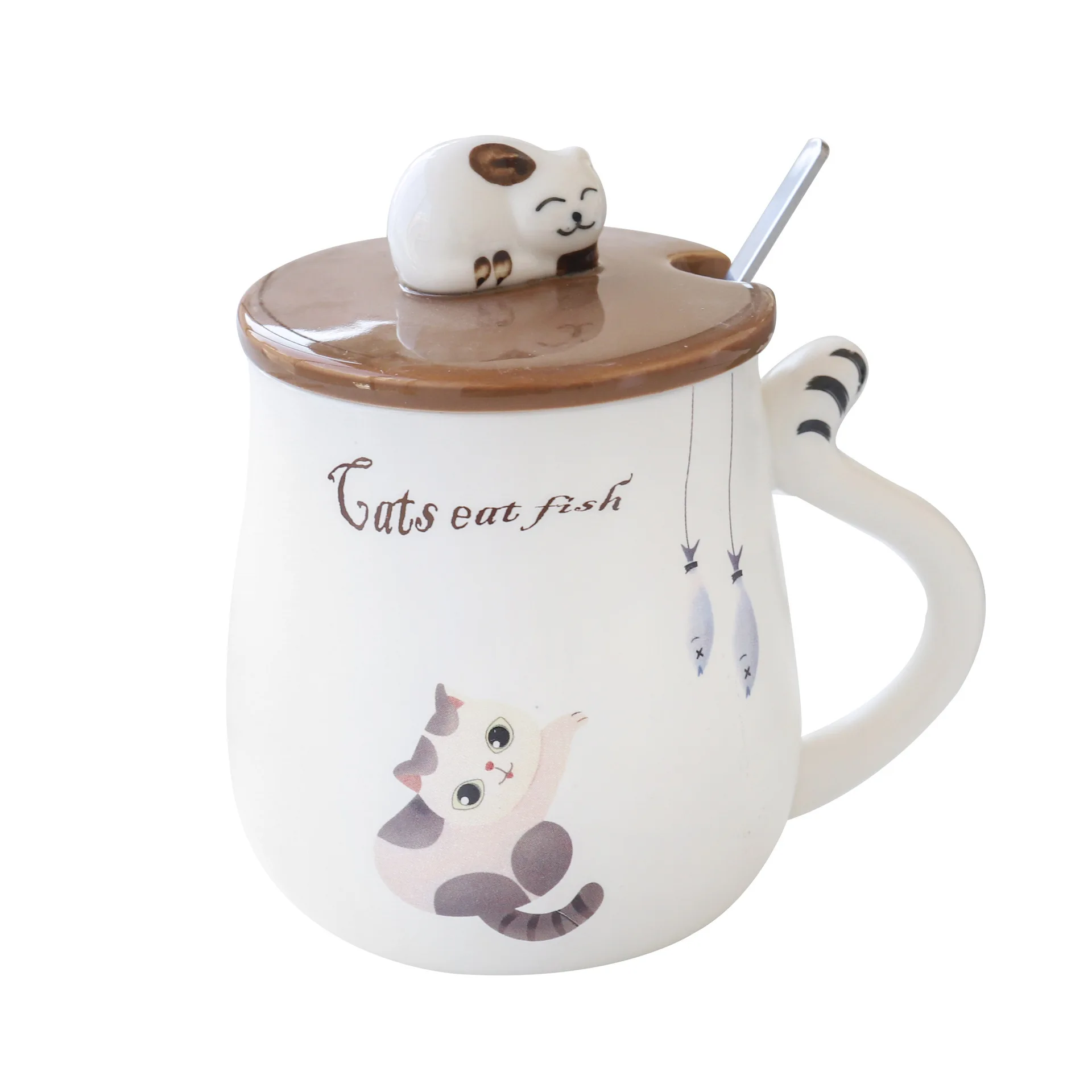 

Cute Cartoon Cat Porcelain Lid Coffee Ceramic Mug, Green