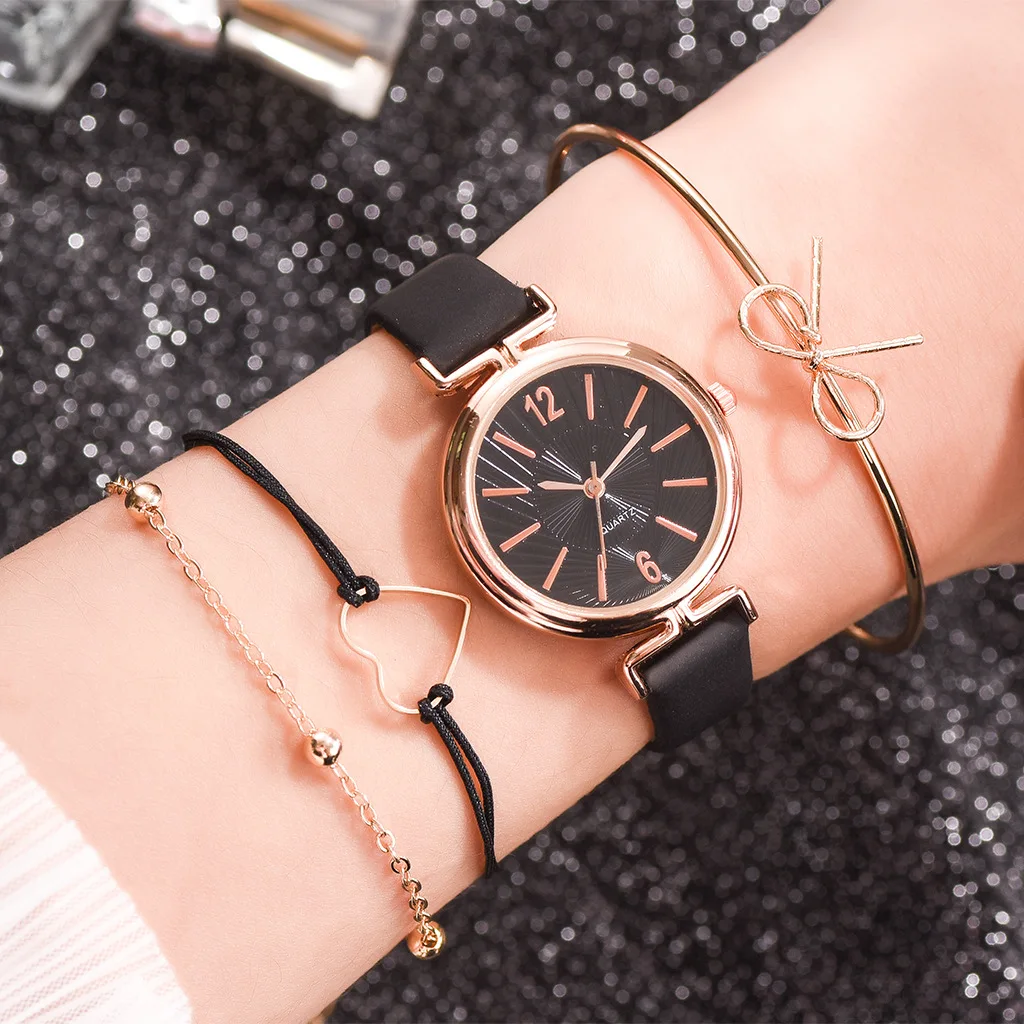 

Hot Sale Ladies Simplicity Wrist Watches Bracelet 4 Pcs Set PU Strap Casual Quartz Watches Set