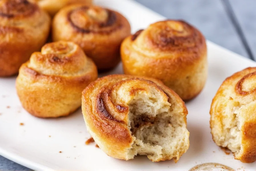 Perfectly golden air fryer cinnamon roll bites arranged in circular pattern with melted glaze drizzled on top, close-up photography showing crispy edges and soft interior
