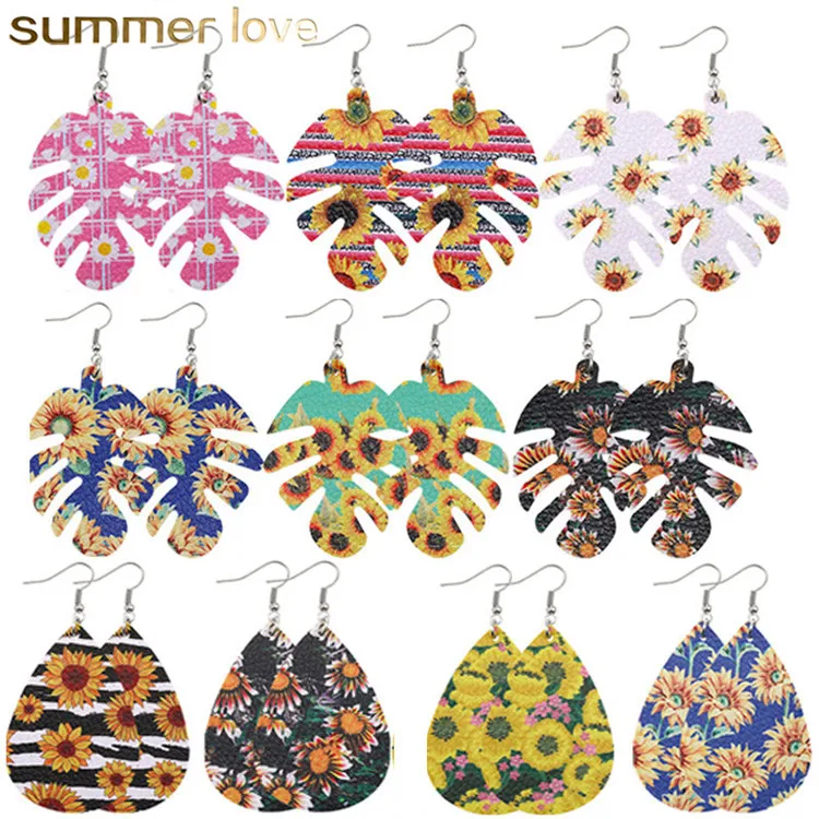 

New Design Boho Beach Teardrop Flower Printing Leaves Shape Pu Leather Drop Dangle Earrings for Women Girls Jewelry Gifts 2020, As picture
