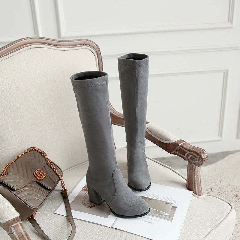 

Winter Grey Round-head Elastic Suede Leather Knee-length Boots for Women, Black grey ecru