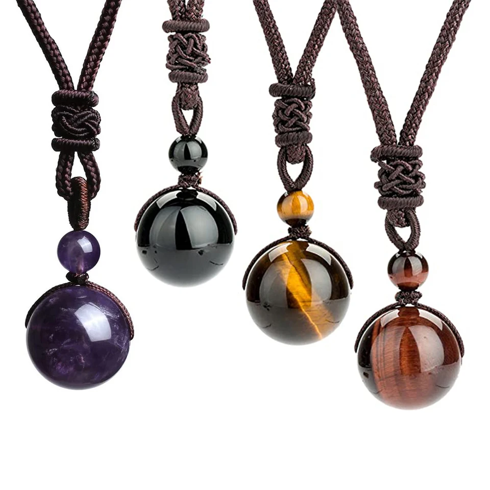 

collar de cristalojo de tigre Braided Rope Natural Amethyst Crystal Tiger Eye Stone Obsidian Ball Round Bead Pendant Necklace