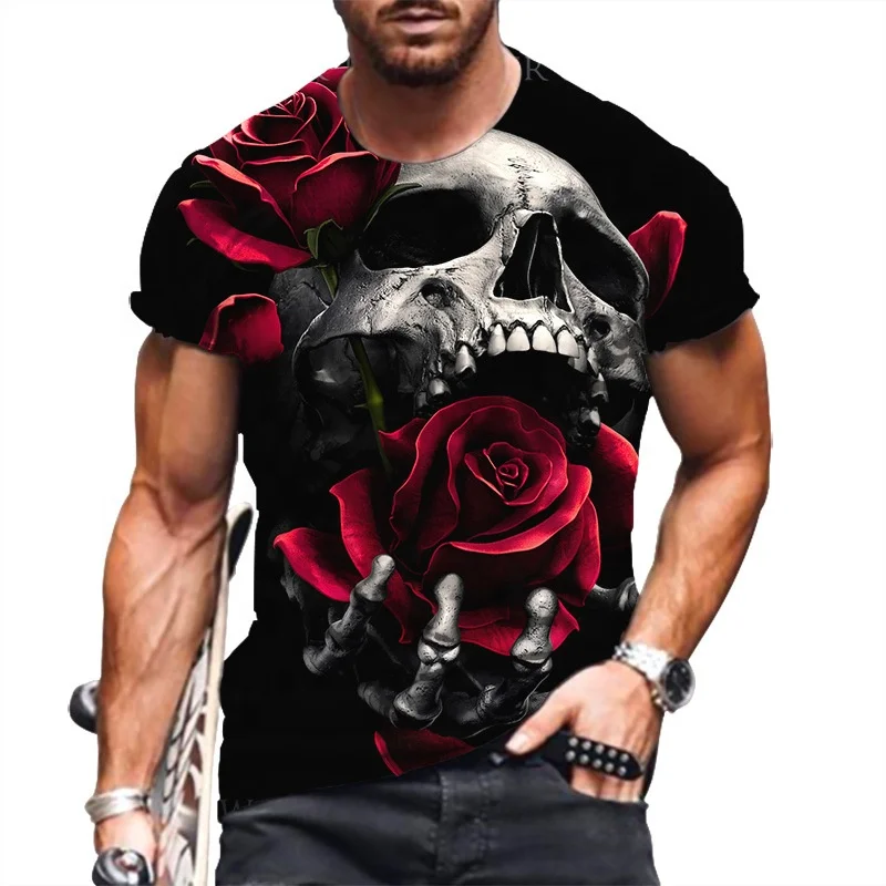 

2022 Skull Rose Romantic HD 3D Printing graphic Men's And Women's T-shirt HD Short-sleeved Oversized Summer Short-sleeved Top