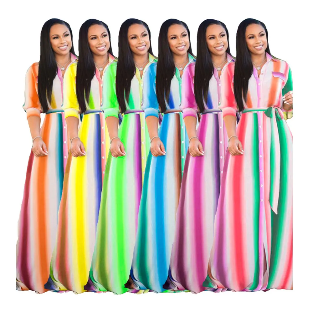 

2020 Latest Boutique Women Dress Colorful Stripe Boho Style Half Sleeve Polo V Neck Drawstring Casual Long Maxi Dresses, Picture