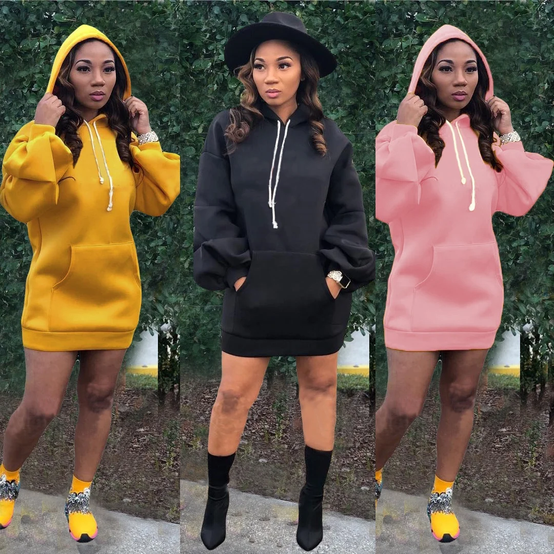 

B63210A European and American women's wholesale casual loose bubble sleeve pure color hooded dress