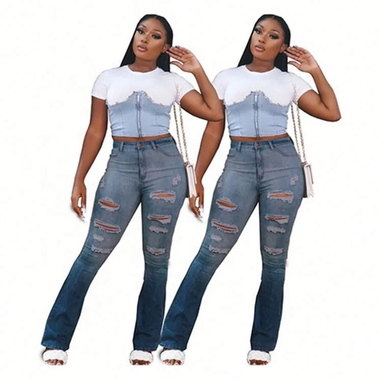

New Design 2021 Autumn Trendency Fashion Casual Women Bottoms Denim Hole Pants Ladies Trousers For Winer