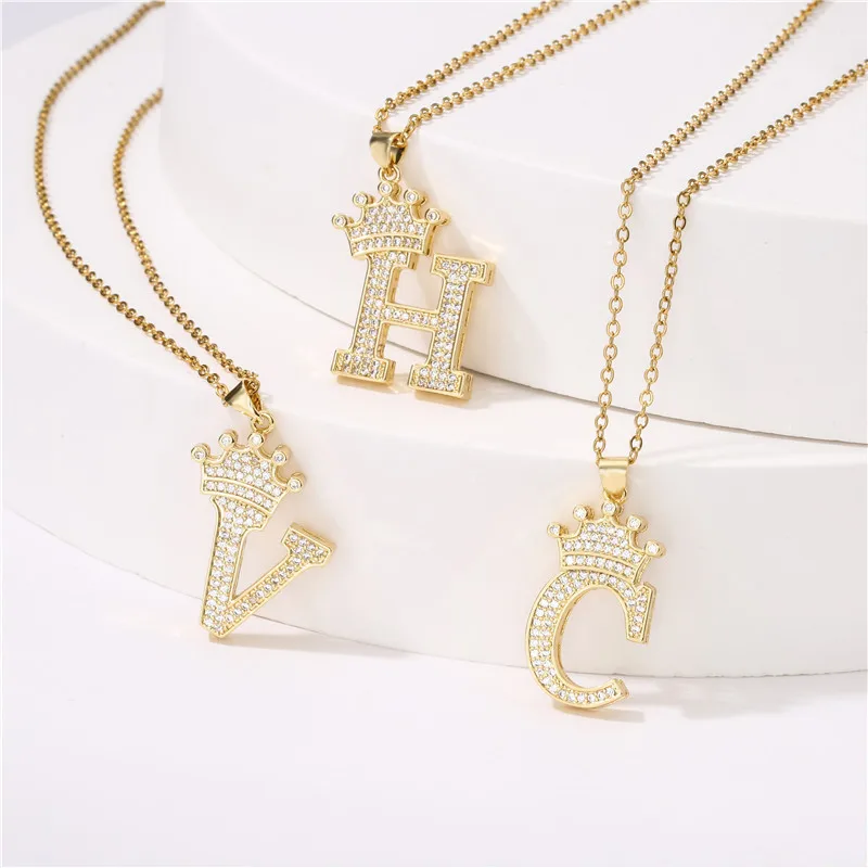 

ZHONG NUO fashion INS initial necklace gold plated crown letters pendant zircon necklaces brass clavicle chain, Normal/custom color